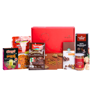 Holi Basket With Opulent Starbucks Chocolate Bites , Colombian Brew Coffee & Snacks Gifts