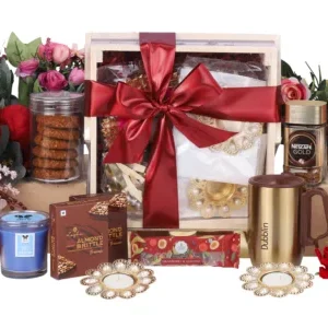The Gift Tree Wooden Basket Luxury Diwali Gift Hamper | Coffee, Travel Mug, Cookies, Almond Brittle, Chocolates & Candles | Festive Gift Basket For, Family, Friends, Corporate Office, Clients