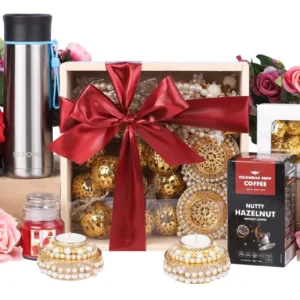 The Gift Tree Festive Treats in a Wooden Box Diwali Gift Hamper | Coffee, SS Bottle, Almond Rocks & Jar Aroma Candle | Gift For Festival Celebration, Friends, Corporate Office, Clients, Family