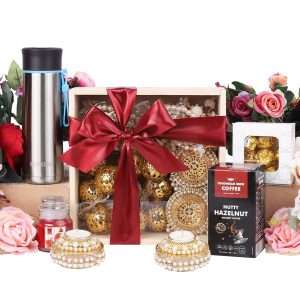 The Gift Tree Festive Treats in a Wooden Box Diwali Gift Hamper | Coffee, SS Bottle, Almond Rocks & Jar Aroma Candle | Gift For Festival Celebration, Friends, Corporate Office, Clients, Family