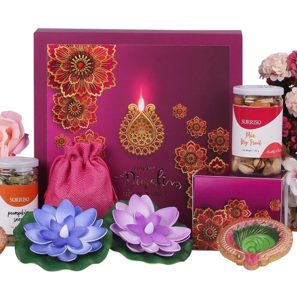 The Gift Tree Special Diwali Gift Hamper | Almond Rocks, Floating Led Candles, Pumpkin Seeds & Colourful Diya| Gift For Festival Celebration, Family, Friends, Corporate Office - Image 3