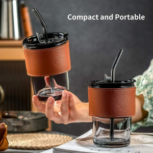 ElegantCoffee Travel Mug with Leather Sleeve and glass straw