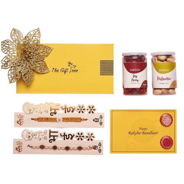 The Gift Tree Sorriso Pistachios, Dry Red Cherry, Rakhi, Gift Card & Gift Box Rakhi Gift Hampers for Brother Gift Set of 6