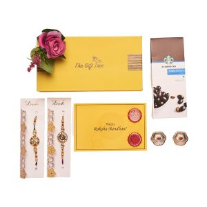 The Gift Tree SB Salted Almonds Chocolate Bites, Roli Chawl Dibbes Silver, Rakhi, Gift Card & Gift Box Rakhi Gift Hamper for Sister Gift Set of 6