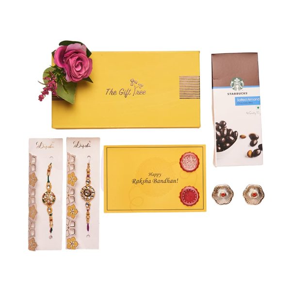 The Gift Tree SB Salted Almonds Chocolate Bites, Roli Chawl Dibbes Silver, Rakhi, Gift Card & Gift Box Rakhi Gift Hamper for Sister Gift Set of 6