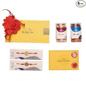 The Gift Tree Sorriso Cashews, Sorriso Almonds, Rakhi, Gift Card & Gift Box Rakhi Gift Hamper for Kids Gift Set of 6