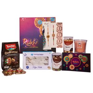 The Gift Tree Kaju Katli, Dry Fruits & Candles Rakhi Gift Hamper | Raksha Bandhan Box for Brother | Rakhi with Gift Sets | Set of 8