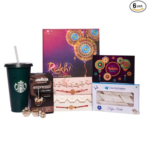 The Gift Tree SB Tumbler, Italian Coffee & Kaju Katli, Rakhi Gift hamper for Sister | Raksha Bandhan Box - Rakhi with Gift Set of 6