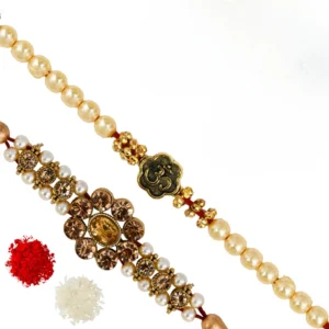 The Gift Tree Om Pearl Diamond Beads Rakhi For Brother With Roli, Chawal and Beautiful greeting card | Premium Rakhi for Men, Kids & Boys