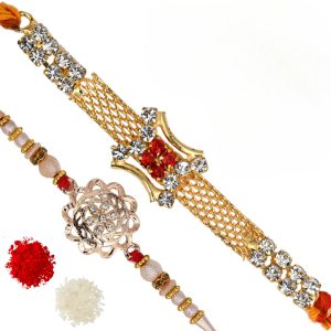 The Gift Tree Golden Bracelet Designer Beads Rakhi For Brother With Roli, Chawal and Beautiful greeting card | Premium Rakhi for Men, Kids & Boys
