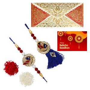 The Gift Tree Bhaiya Bhabhi Blue Designer Rakhi For Brother With Roli, Chawal and Beautiful greeting card | Premium Rakhi for Men, Kids & Boys