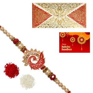 The Gift Tree Red Peacock Design Golden Beads Rakhi For Brother With Roli, Chawal and Beautiful greeting card | Premium Rakhi for Men, Kids & Boys