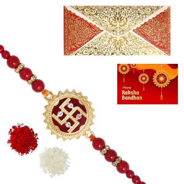 The Gift Tree Golden Swastika Chakra Red Pearl Rakhi For Brother With Roli, Chawal and Beautiful greeting card | Premium Rakhi for Men, Kids & Boys
