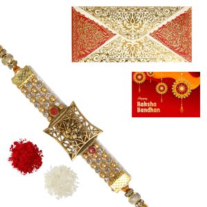The Gift Tree Golden Ganpati Square Designer Bracelet Rakhi For Brother With Roli, Chawal and Beautiful greeting card | Premium Rakhi for Men, Kids & Boys