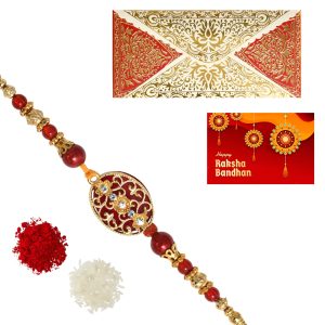 The Gift Tree American Diamond Golden Designer Red Pearl Rakhi For Brother With Roli, Chawal and Beautiful greeting card | Premium Rakhi for Men, Kids & Boys