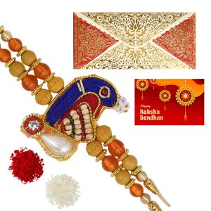 The Gift Tree White Pearl Blue Peacock Designer Sandalwood Scented Rakhi For Brother With Roli, Chawal and Beautiful greeting card | Premium Rakhi for Men, Kids & Boys