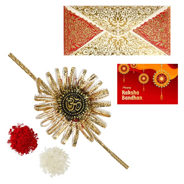 The Gift Tree Om Designer Zardosi Gota Rakhi For Brother With Roli, Chawal and Beautiful greeting card | Premium Rakhi for Men, Kids & Boys