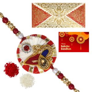 The Gift Tree Golden Red Designer Peacock Rakhi For Brother With Roli, Chawal and Beautiful greeting card | Premium Rakhi for Men, Kids & Boys