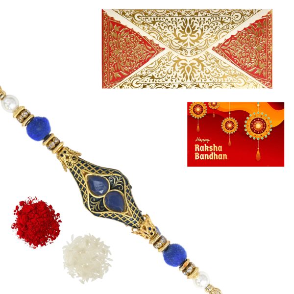 The Gift Tree Blue Diamond White Pearl Rakhi For Brother With Roli, Chawal and Beautiful greeting card | Premium Rakhi for Men, Kids & Boys