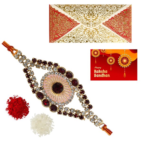 The Gift Tree Maroon Red American Diamond Rakhi For Brother With Roli, Chawal and Beautiful greeting card | Premium Rakhi for Men, Kids & Boys