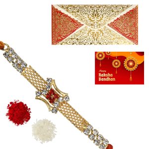 The Gift Tree Red White American Diamond Bracelet Rakhi For Brother With Roli, Chawal and Beautiful greeting card | Premium Rakhi for Men, Kids & Boys