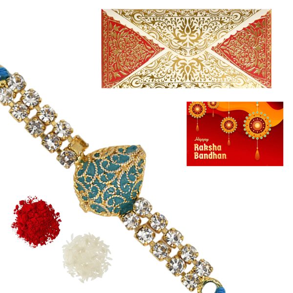 The Gift Tree Blue Stone American Diamond Rakhi For Brother With Roli, Chawal and Beautiful greeting card | Premium Rakhi for Men, Kids & Boys