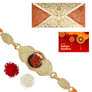The Gift Tree Red Ganpati Plated Golden Rakhi For Brother With Roli, Chawal and Beautiful greeting card | Premium Rakhi for Men, Kids & Boys