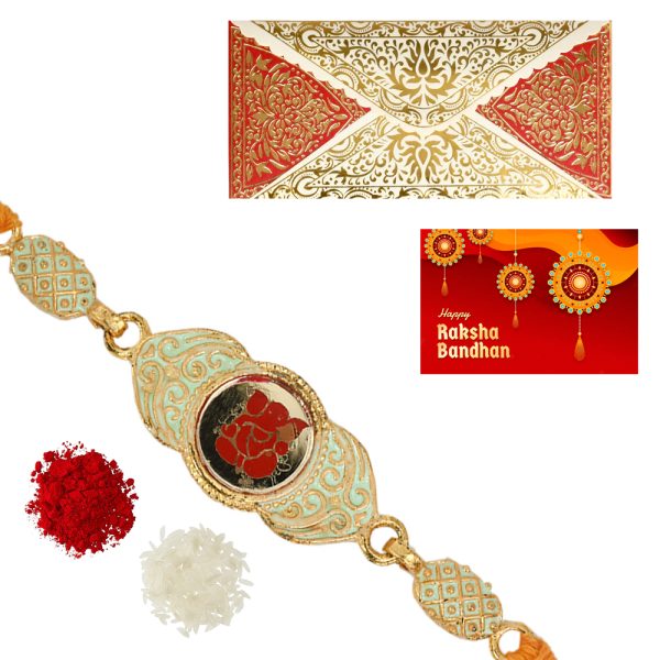 The Gift Tree Red Ganpati Plated Golden Rakhi For Brother With Roli, Chawal and Beautiful greeting card | Premium Rakhi for Men, Kids & Boys