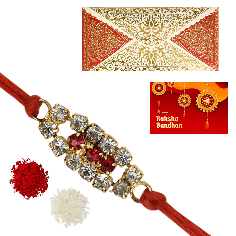 The Gift Tree American Diamond Rakhi For Brother With Roli, Chawal and Beautiful greeting card | Premium Rakhi for Men, Kids & Boys 1 The Gift Tree American Diamond Rakhi For Brother With Roli, Chawal and Beautiful greeting card | Premium Rakhi for Men, Kids & Boys