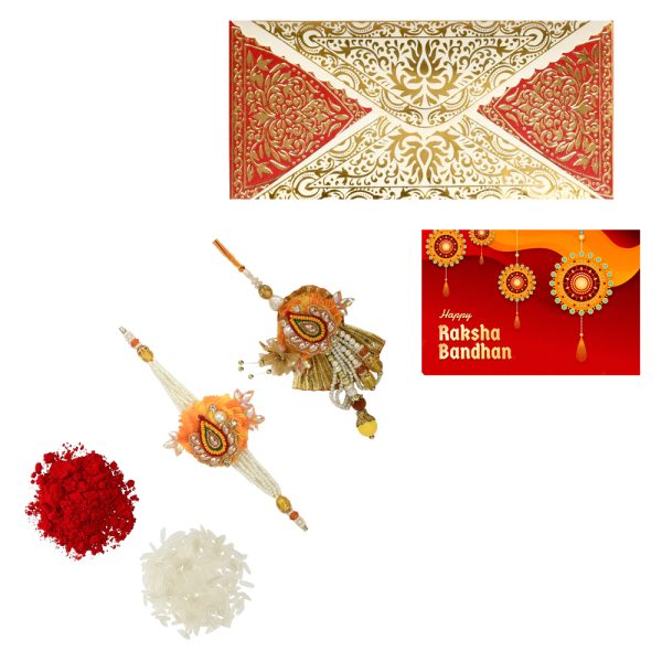 The Gift Tree Orange Designer Bhaiya Bhabhi Rakhi For Brother With Roli, Chawal and Beautiful greeting card | Premium Rakhi for Men, Kids & Boys