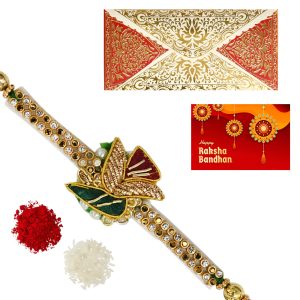 The Gift Tree Golden Designer Beads Rakhi For Brother With Roli, Chawal and Beautiful greeting card | Premium Rakhi for Men, Kids & Boys