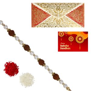 The Gift Tree Rudraksh White Pearl Rakhi For Brother With Roli, Chawal and Beautiful greeting card | Premium Rakhi for Men, Kids & Boys
