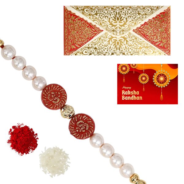 The Gift Tree Om Beads White Pearl Rakhi For Brother With Roli, Chawal and Beautiful greeting card | Premium Rakhi for Men, Kids & Boys
