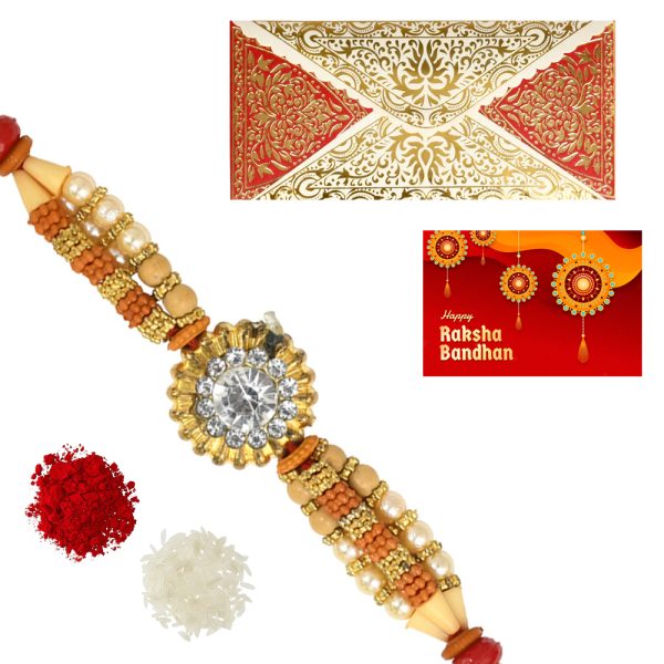 The Gift Tree American Diamond Orange Beads Rakhi For Brother With Roli, Chawal and Beautiful greeting card | Premium Rakhi for Men, Kids & Boys