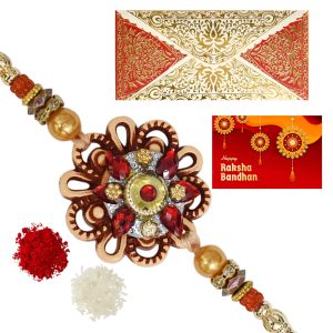 The Gift Tree Beads Floral Design Beads Colorful Rakhi For Brother With Roli, Chawal and Beautiful greeting card | Premium Rakhi for Men, Kids & Boys