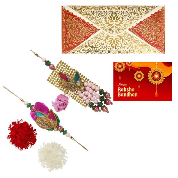 The Gift Tree Bhaiya Bhabhi Pink Rose Designer Rakhi For Brother With Roli, Chawal and Beautiful greeting card | Premium Rakhi for Men, Kids & Boys