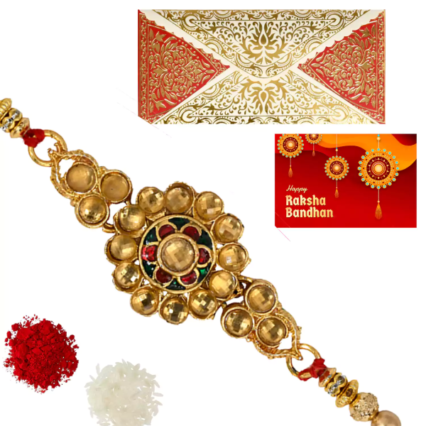 The Gift Tree Golden Rakhi For Brother With Roli, Chawal and Beautiful greeting card | Premium Rakhi for Men, Kids & Boys