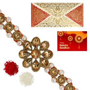 The Gift Tree Golden Diamond Floral Beads Rakhi Orange Thread For Brother With Roli, Chawal and Beautiful greeting card | Premium Rakhi for Men, Kids & Boys