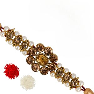 The Gift Tree Golden Diamond Floral Beads Rakhi Red Thread For Brother With Roli, Chawal and Beautiful greeting card | Premium Rakhi for Men, Kids & Boys