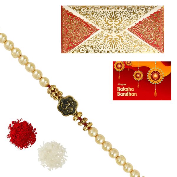 The Gift Tree Golden Om Pearl Rakhi For Brother With Roli, Chawal and Beautiful greeting card | Premium Rakhi for Men, Kids & Boys