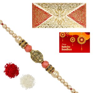 The Gift Tree Golden Stone Pearl Rakhi For Brother With Roli, Chawal and Beautiful greeting card | Premium Rakhi for Men, Kids & Boys