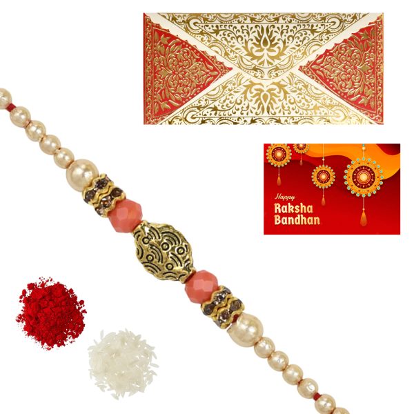 The Gift Tree Golden Stone Pearl Rakhi For Brother With Roli, Chawal and Beautiful greeting card | Premium Rakhi for Men, Kids & Boys