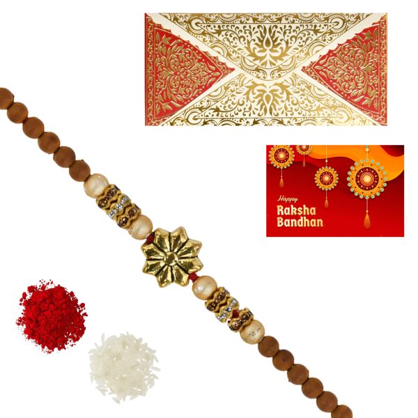 The Gift Tree Golden Floral Brown Beads Rakhi For Brother With Roli, Chawal and Beautiful greeting card | Premium Rakhi for Men, Kids & Boys