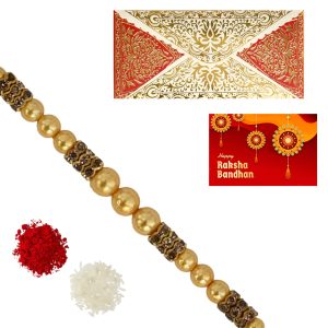 The Gift Tree Golden Beads And Diamond Rakhi For Brother With Roli, Chawal and Beautiful greeting card | Premium Rakhi for Men, Kids & Boys