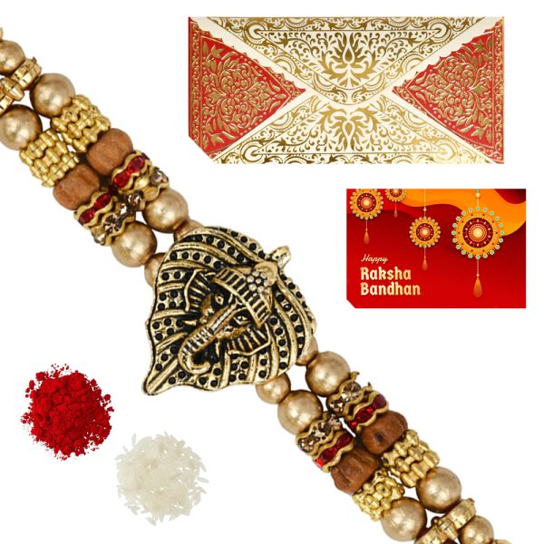 The Gift Tree Golden Ganpati Leaf Rakhi For Brother With Roli, Chawal and Beautiful greeting card | Premium Rakhi for Men, Kids & Boys