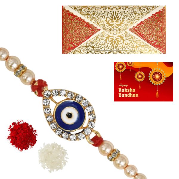 The Gift Tree Blue White Eye Diamond Rakhi Bit For Brother With Roli, Chawal and Beautiful greeting card | Premium Rakhi for Men, Kids & Boys