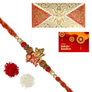 The Gift Tree Golden Red Ganpati Rakhi For Brother With Roli, Chawal and Beautiful greeting card | Premium Rakhi for Men, Kids & Boys