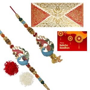 The Gift Tree Peacock Rakhi With Roli Chawal For Brother With Roli, Chawal and Beautiful greeting card | Premium Rakhi for Men, Kids & Boys