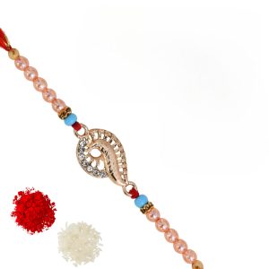The Gift Tree Peach Pearl Golden Rakhi For Brother With Roli, Chawal and Beautiful greeting card | Premium Rakhi for Men, Kids & Boys