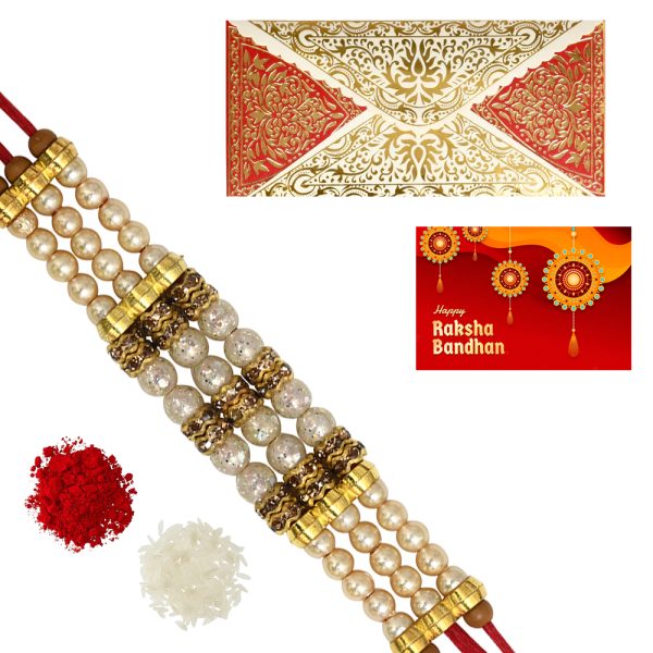 The Gift Tree White And Golden Pearl Rakhi For Brother With Roli, Chawal and Beautiful greeting card | Premium Rakhi for Men, Kids & Boys